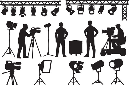 Film and stage production silhouette vector set showing lighting rigs, crew, cameras and studio equipment for concert events and video filming isolated on white background