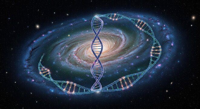 Dna double helix structure orbiting a vibrant galaxy with stars and stardust in space