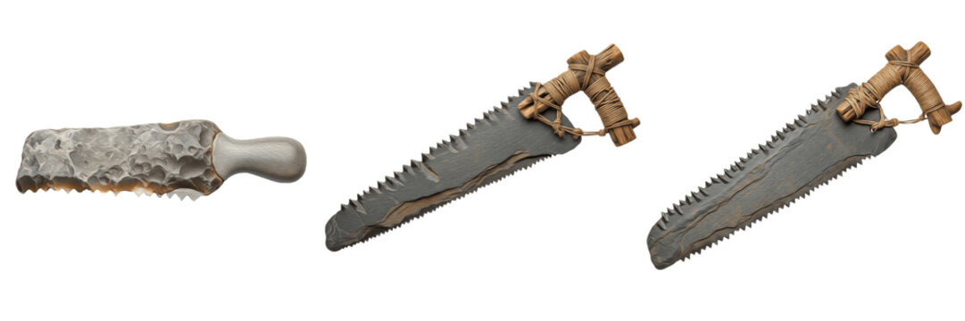 Primitive stone saw, prehistoric cutting and woodworking tool, Paleolithic and Neolithic lithic saw, early human stone carving and chopping implement, primitive flint saw, archaeological artifact, anc