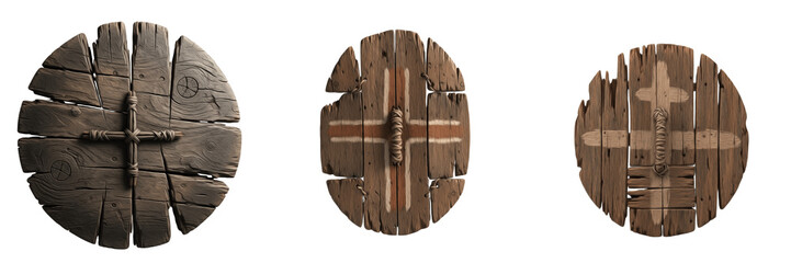 Primitive wooden shield, prehistoric defense tool, Paleolithic and Neolithic wooden armor, early human combat protection implement, primitive hand-held shield, archaeological artifact, ancient defensi © Turlandi