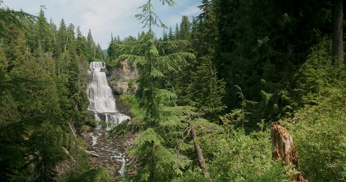 Scenic Waterfall in Coastal Forest on a Windy Summer Day Near Whistler British Columbia
