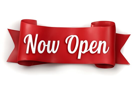 Red ribbon banner with white text saying Now Open 