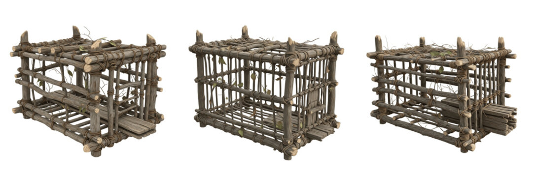 Primitive animal trap cage, prehistoric hunting and trapping implement, Paleolithic and Neolithic wooden and stone trap, early human hunting device, primitive capture tool, archaeological artifact, an
