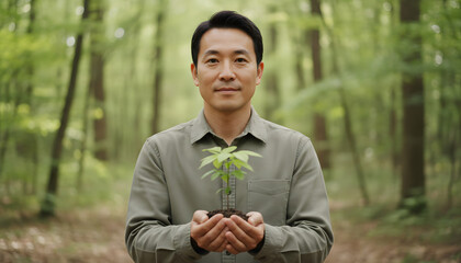 An adult man with short dark hair stands in a lush green forest, carefully holding a small green plant sprout in a handful of soil. Generative AI.