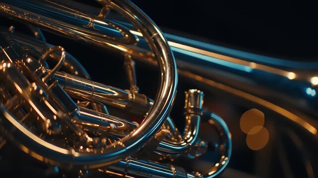 A close-up shot of a brass instrument reflecting stage lights in an abstract manner during a performance on a dark stage