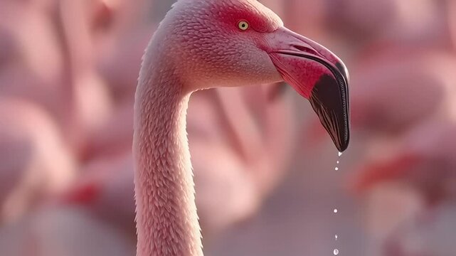 Close-up of a flamingo's head with water droplets falling from its beak in a flock