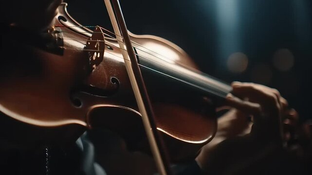 Musician's hands adjusting violin strings in preparation for a performance on stage under spotlight