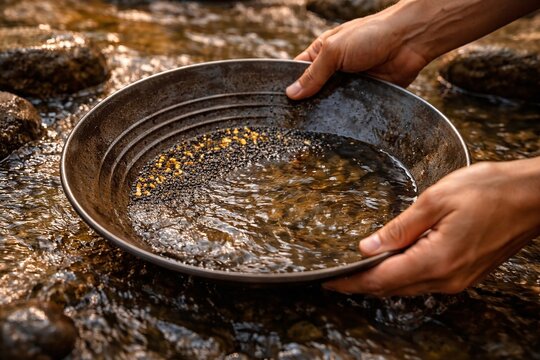 AI-generated conceptual illustration of hands panning for gold in shallow river with metal pan and visible gold flakes, outdoor prospecting and mineral exploration concept