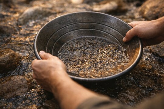 AI-generated conceptual illustration of hands panning for gold in mountain stream with metal pan and natural river stones, prospecting adventure and outdoor exploration concept