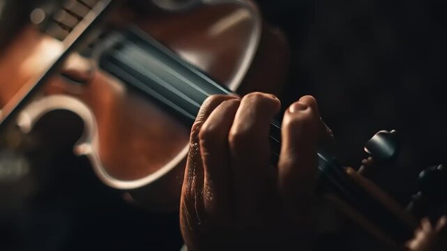 A musician's hand adjusting violin strings in close-up before performance