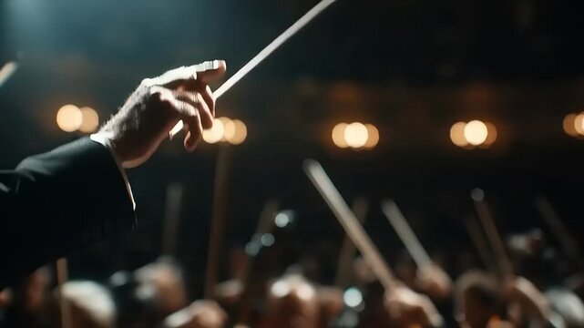 Conductor's hand guiding orchestra with baton in performance hall