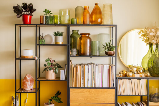 Elegant modern stylish shelves with decorative items 