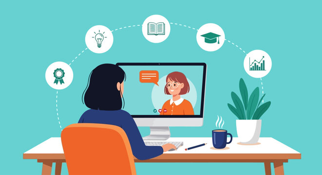 Woman engaged in online video call at desk with computer and office supplies surrounded by education icons