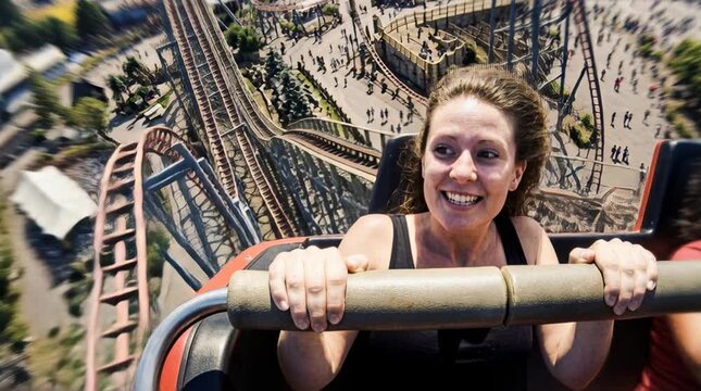 Happy Woman Screaming with Excitement While Riding a Roller Coaster