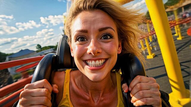 Happy Woman Screaming with Excitement While Riding a Roller Coaster