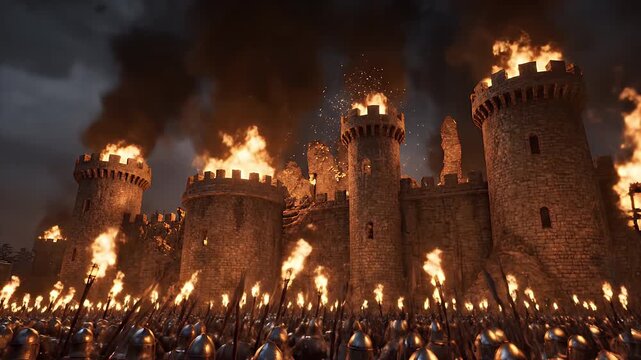Massive Stone Castle Wall Engulfed in Flames with Legion of Soldiers Below
