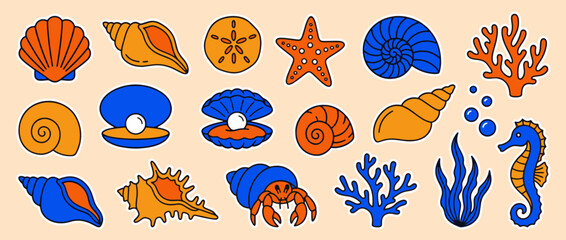 Ocean Treasures Collection: A vibrant assortment of marine life elements, seashells, coral, and a seahorse create a captivating illustration, showcasing the wonders of the underwater world. © Saiid-Designs