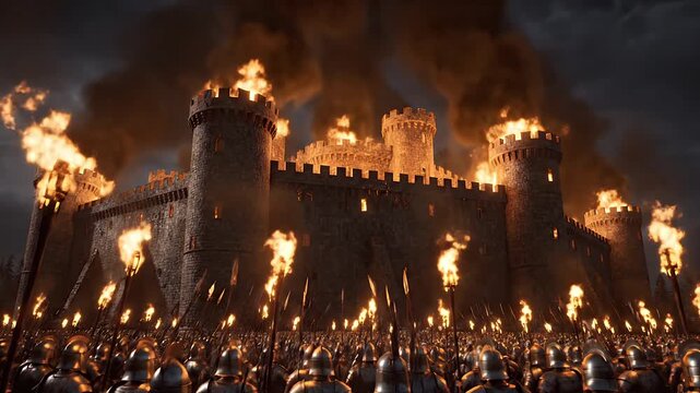 Epic Cinematic Siege of a Burning Medieval Fortress at Night by a Torchlit Army
