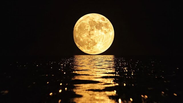 A dramatic night scene featuring a large golden full moon low on the horizon, glowing against a deep black sky. The moon&rsquo;s detailed surface is clearly visible, with soft craters and textures.