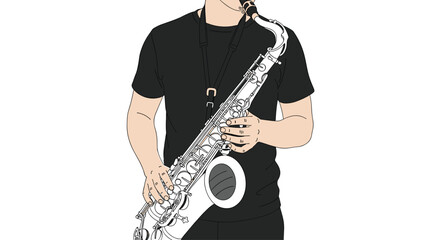 Naklejka premium A person with light skin wearing a simple black t-shirt stands holding a shiny alto saxophone by its body and neck against a white background.