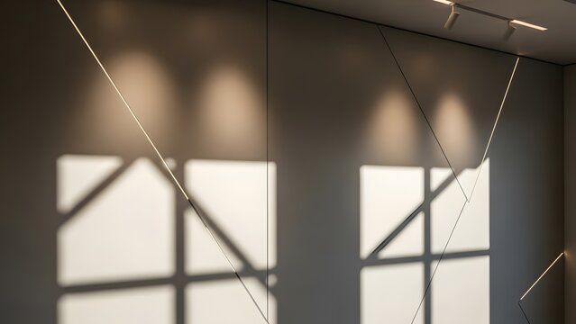 contemporary wall with integrated led lighting strips and geometric paneling casting shadows