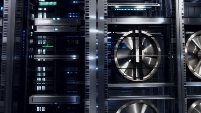 Modern data center with rows of server racks and blue lights