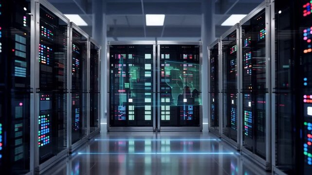 Modern data center with rows of server racks and glowing lights
