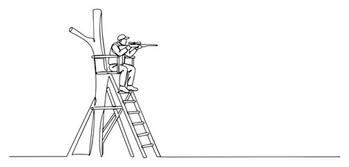 Hunter sitting on high hunting stand tower aiming rifle for sport or forest management concept © ----WWWLINE----