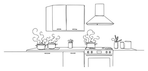 Fototapeta premium Modern kitchen interior with steaming pots on stove and cabinets in continuous line art style