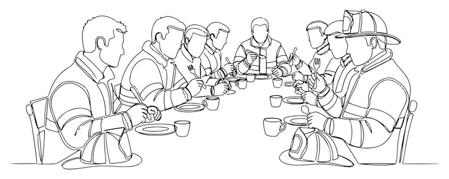 Firefighters team eating dinner together at table in fire station continuous line art