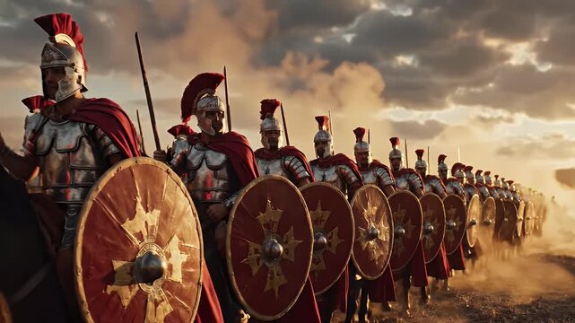 Ancient Roman Legion marching into epic battle formation for historical military documentary with dramatic sunset lighting