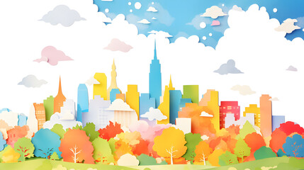 カラフルな都市のスカイラインのペーパークラフト風イラスト 背景素材