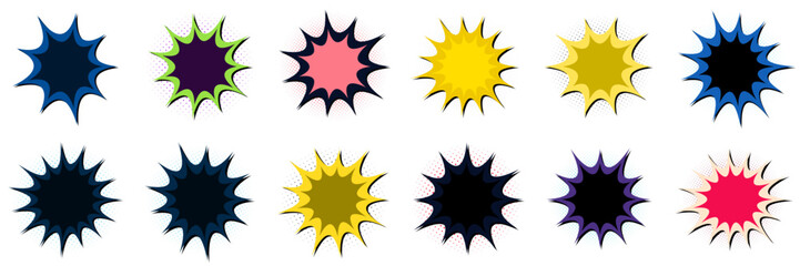 Retro Comic Book Explosion Bubbles, Pop Art Action Speech Clouds, Vintage Superhero Graphic Elements © SimpleDesignStudio