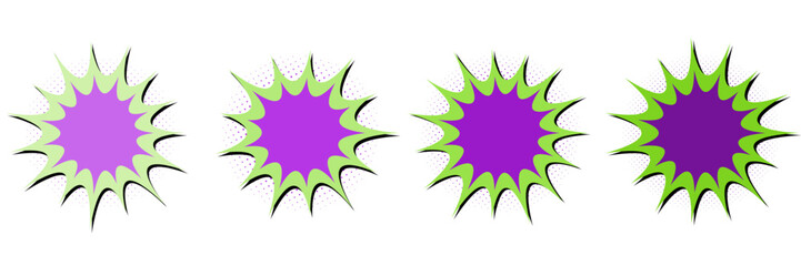Set of Four Retro Comic Book Burst Graphics with Purple Centers and Green Jagged Outlines © SimpleDesignStudio