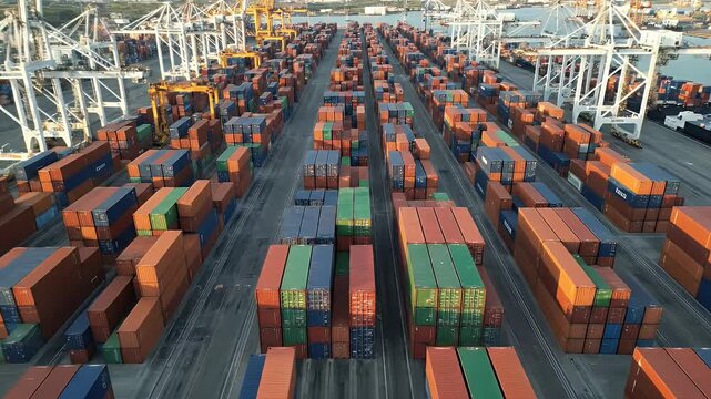 Industrial shipping container moving backwards for global trade logistics with aerial sunset view
