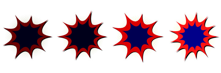 Set of four red and blue jagged comic book starburst frames for retro pop art superhero action graphics © SimpleDesignStudio