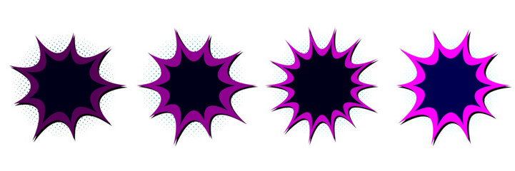 Set of purple and magenta cyberpunk synthwave comic book explosion speech bubbles, halftone dots © SimpleDesignStudio