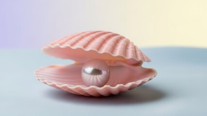 Open pink seashell revealing a shimmering purple pearl against a colorful pastel background