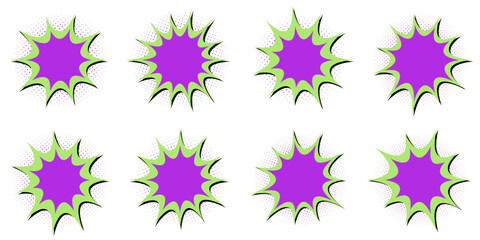 Purple and green retro comic book explosion speech bubbles for superhero themed birthday party graphics © SimpleDesignStudio