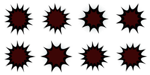 Set of dark maroon retro manga action bursts and comic book explosion speech bubbles with halftone © SimpleDesignStudio