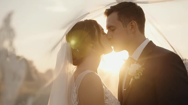 Romantic married couple kissing intimately for wedding celebration concept with golden hour sunlight