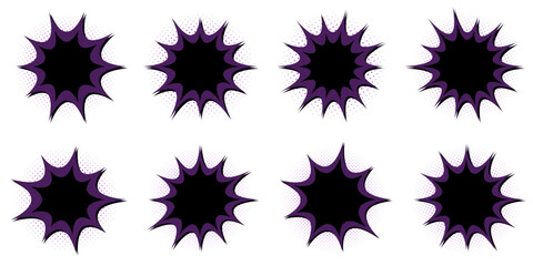Dark purple and black comic book explosion speech bubbles for villainous superhero pop art designs © SimpleDesignStudio