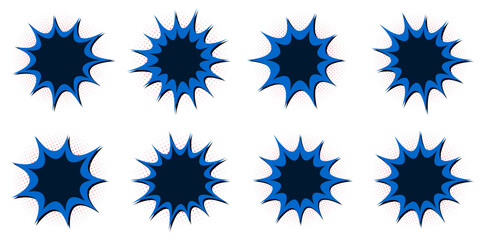 Blue Superhero Comic Book Action Burst Elements, Retro Pop Art Explosion Shapes for Graphic Design © SimpleDesignStudio