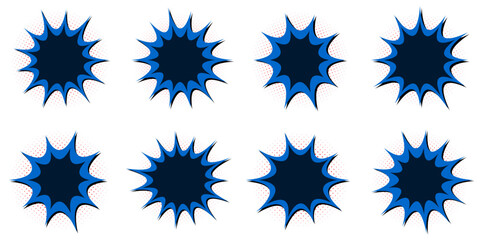 Set of Blue Comic Book Explosion Speech Bubbles for Superhero Action and Retro Pop Art Design © SimpleDesignStudio