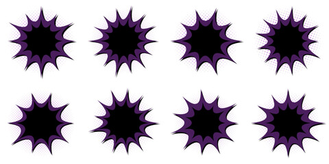 Set of dark purple villainous comic book explosion frames with halftone dots © SimpleDesignStudio