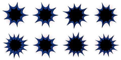 Set of retro superhero comic book action burst elements with blue borders and halftone dots © SimpleDesignStudio