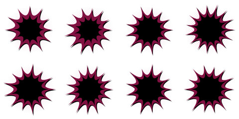 Dark Purple Comic Book Explosion Bubbles, Retro Superhero Action Speech Clouds Set © SimpleDesignStudio