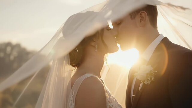 Loving newlywed partners sharing kiss for romantic relationship milestone with soft cinematic flare