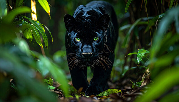 Exotic black panther walking in a green forest