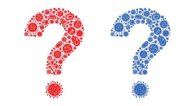 A large red question mark formed by various microscopic viruses and germs stands next to a similar blue one on a clean white surface.